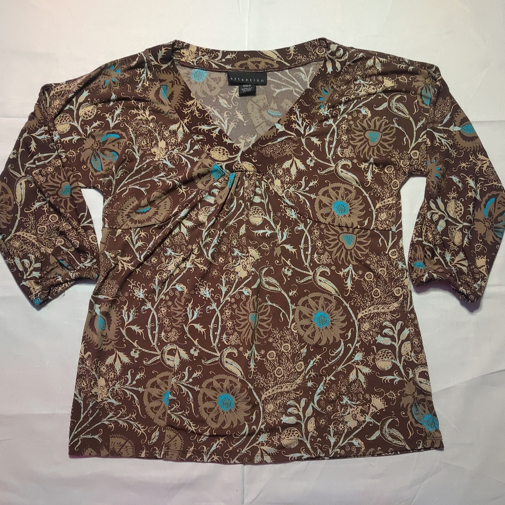 Attention Shirt Women's Small Brown Floral Top Long Sleeve Elastic Cuff V-Neck